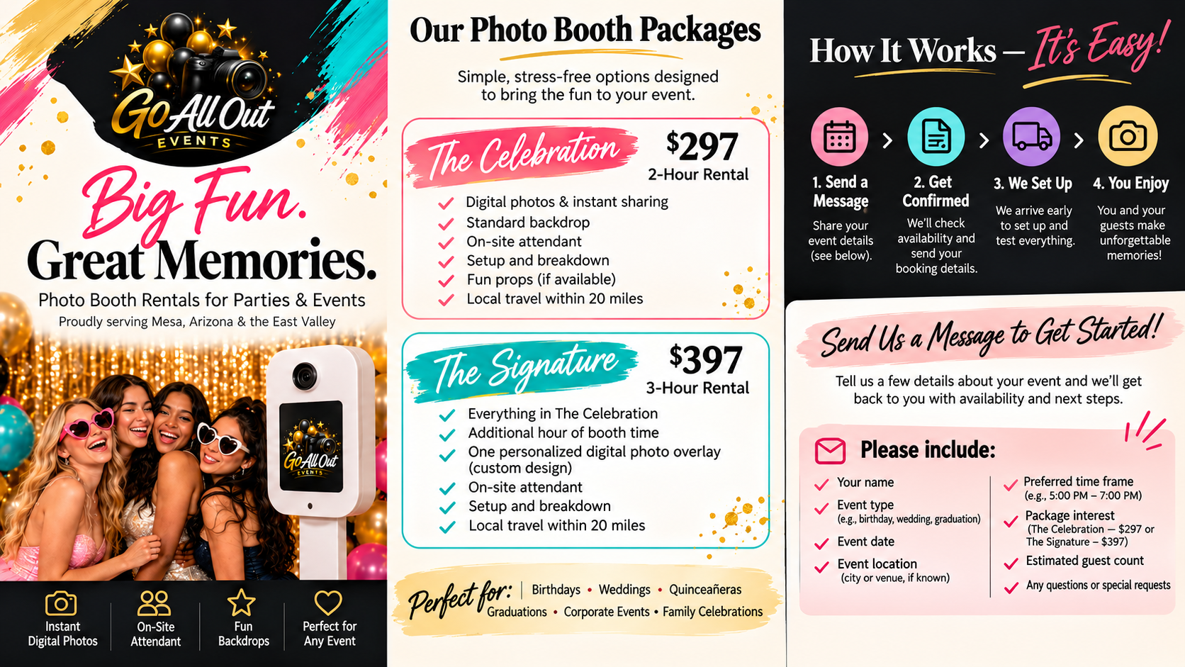 Go All Out Events photo booth rental packages, prices, service area, and how to request availability